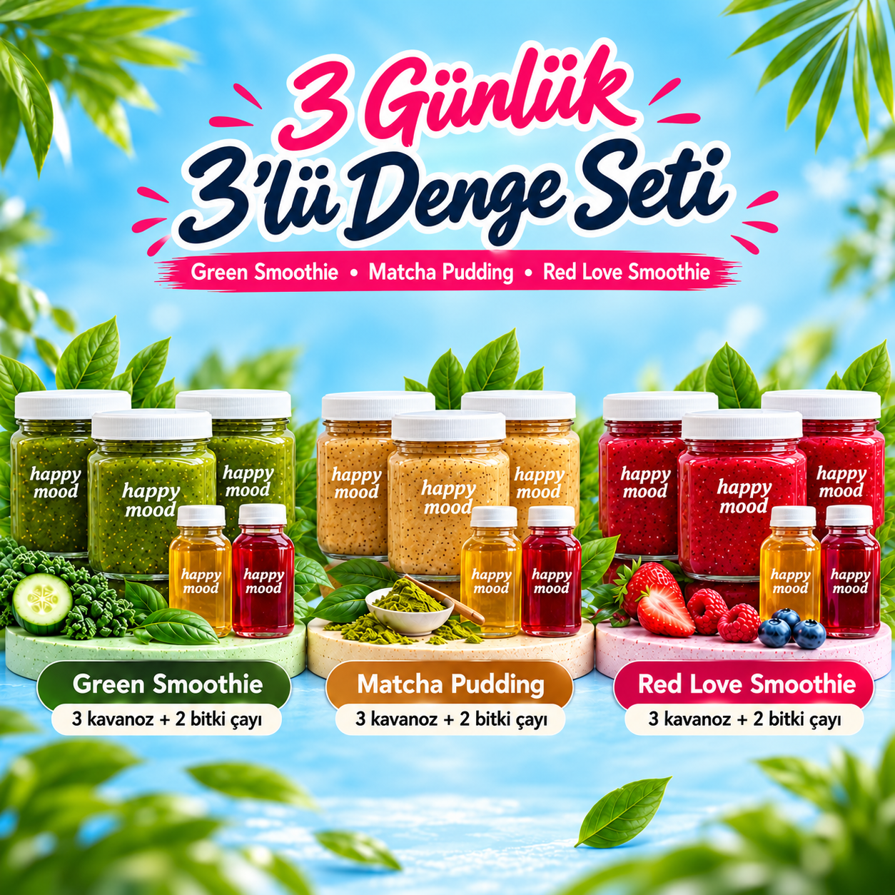 Green Smoothie, Matcha Pudding ve Red Love Smoothie; her grupta üç geniş ağızlı kavanoz ve iki bitki çayı şişesi.