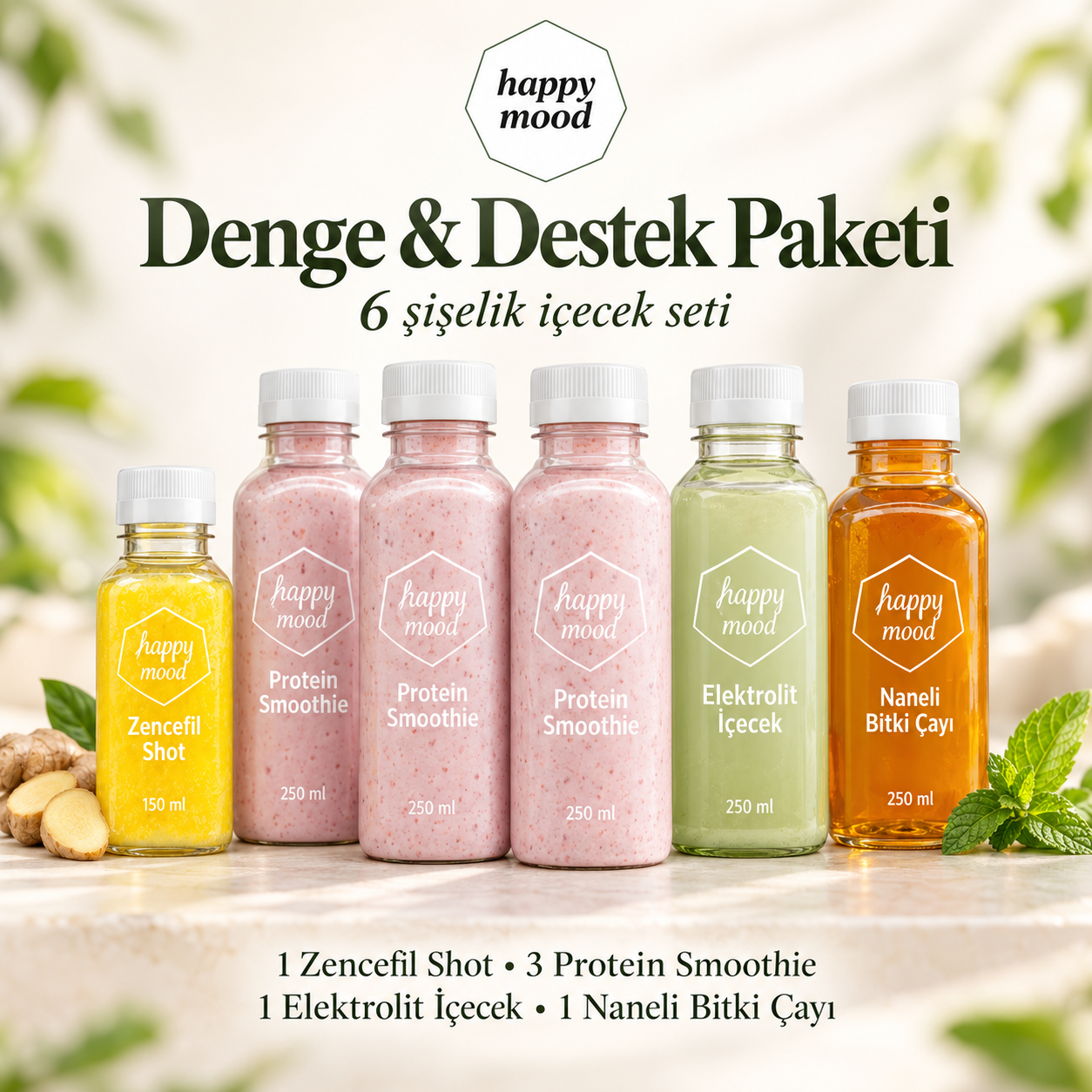 HappyMood Denge ve Destek Paketi: 150 ml zencefil shot, üç adet 250 ml protein smoothie, 250 ml elektrolit içecek ve 250 ml naneli bitki çayı.