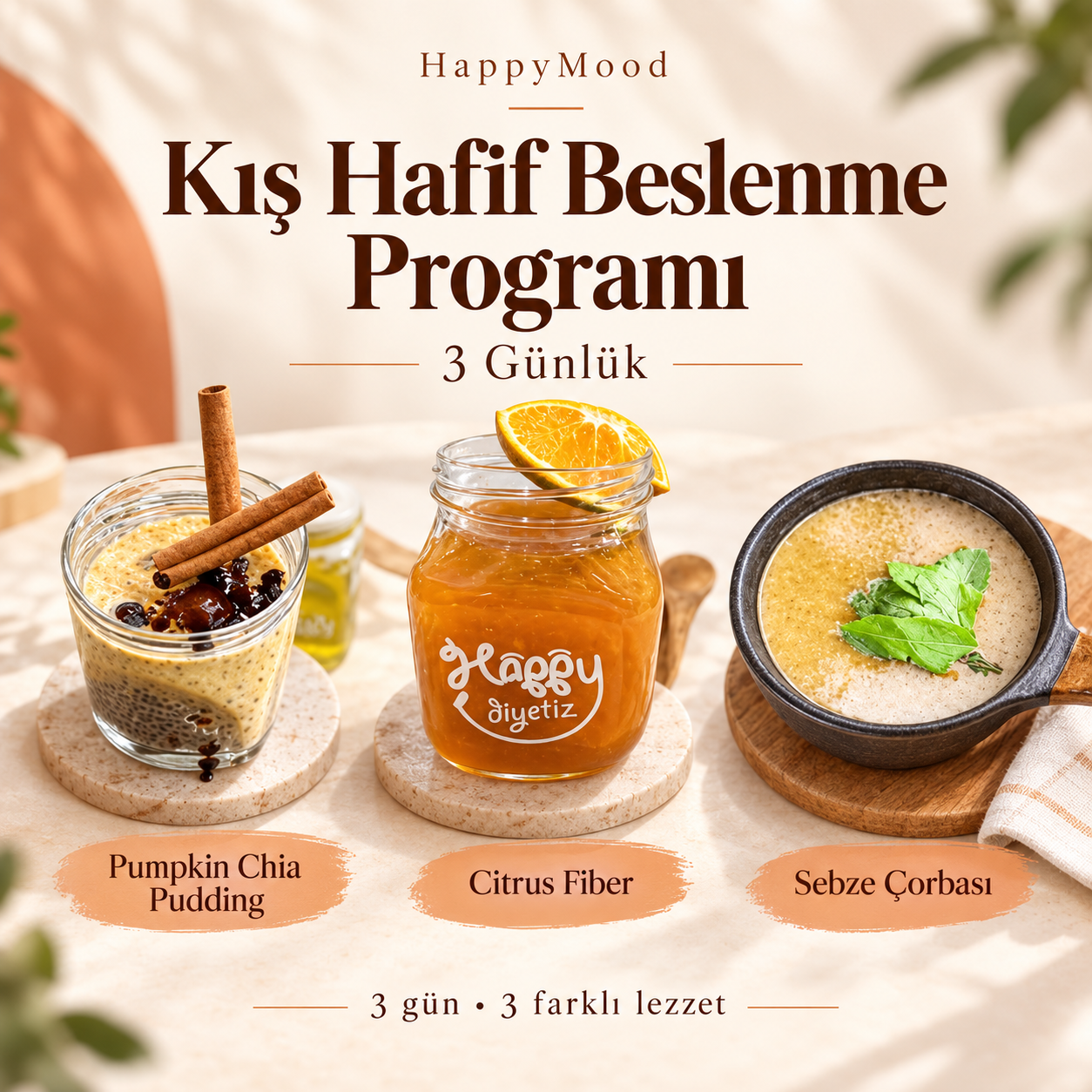 HappyMood üç günlük Kış Hafif Beslenme Programı: Pumpkin Chia Pudding, Citrus Fiber ve sebze çorbası.
